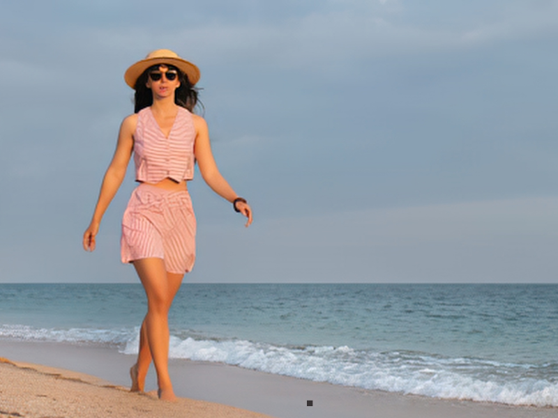 A woman in a pink striped outfit and sunhat walks barefoot along a sandy beach near the ocean, with waves and a cloudy sky in the background.