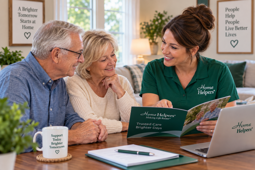 A caregiver in a green Home Helpers shirt smiles and shows a brochure to a senior couple at a table. The couple looks engaged and happy, with homey decor in the background.
