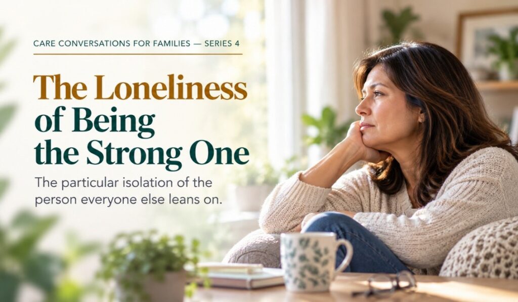 A woman sits on a couch, looking thoughtful and pensive. Text reads: The Loneliness of Being the Strong One. The particular isolation of the person everyone else leans on..