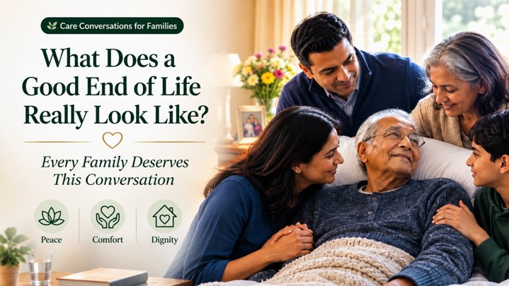 An elderly person lies in bed, surrounded by smiling family members. The text asks, What Does a Good End of Life Really Look Like? and emphasizes peace, comfort, dignity, and family conversations.