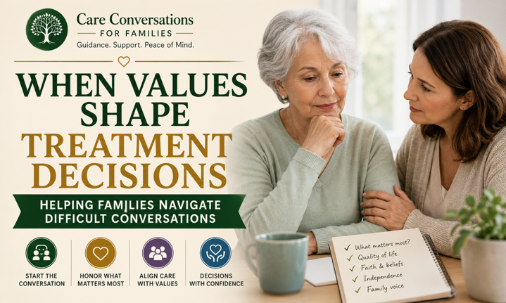 An older woman and a younger woman sit together discussing When Values Shape Treatment Decisions, with icons about starting conversations, honoring values, aligning care, and making decisions with confidence. A notepad lists care priorities.