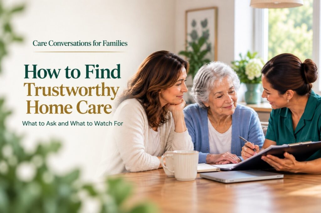 Three women sit at a table, one holding a clipboard and pen, discussing home care. The text reads: How to Find Trustworthy Home Care: What to Ask and What to Watch For..