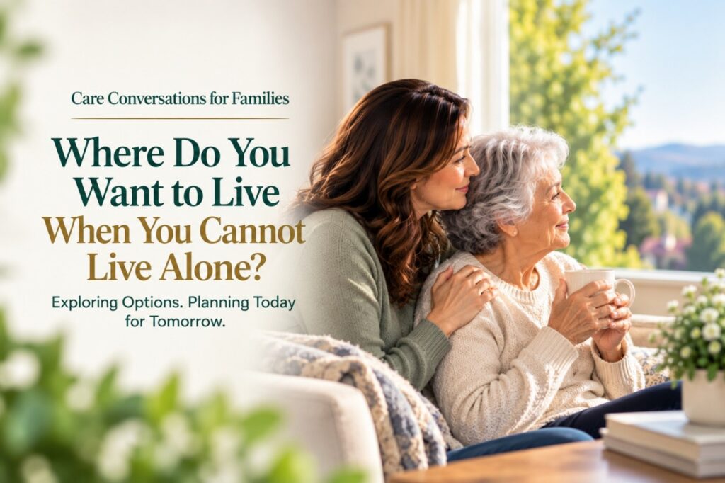 A younger woman hugs an elderly woman who holds a mug, both sitting on a couch in a sunlit living room. Text on the image discusses care conversations and planning for living arrangements when living alone is not an option.