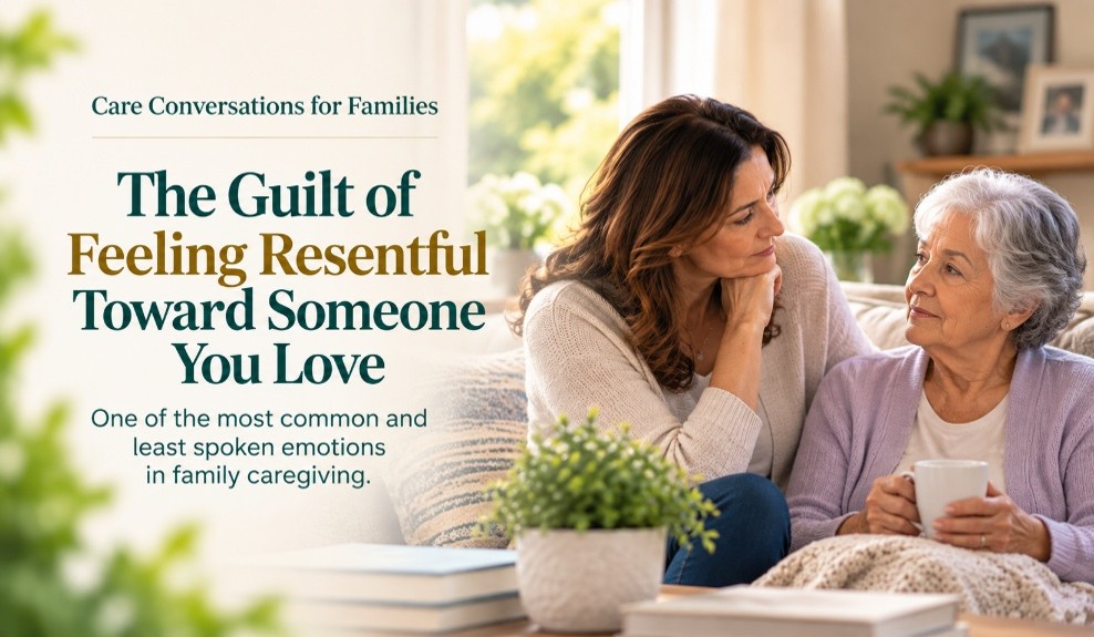 A middle-aged woman sits beside an elderly woman on a couch, showing support. Text on the image discusses feeling resentment in family caregiving as a common, rarely spoken emotion.