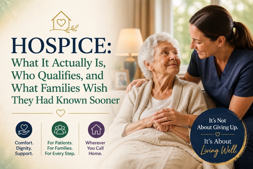 A nurse gently holds the hand of an elderly woman in a cozy room. Text explains hospice care, highlighting comfort, support, and living well. Icons represent family support, home care, and dignity.