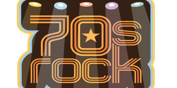Retro 70s rock text in orange lines with a star in the O, under five spotlights in pastel colors on a dark background.