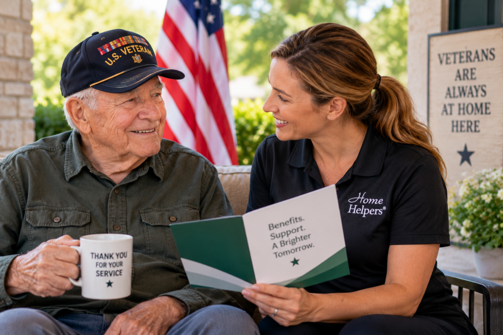 A smiling elderly man in a U.S. Veteran cap sits beside a caregiver holding a pamphlet. The man holds a mug with Thank you for your service. An American flag and a sign about veterans are in the background.