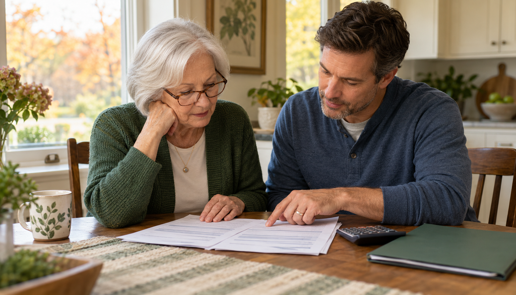 A man points to a document on a table while an older woman looks on.