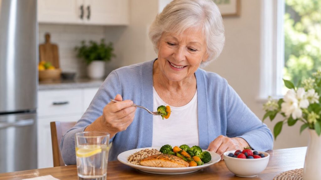 Senior enjoying a balanced meal at home as part of healthy nutrition tips for seniors.