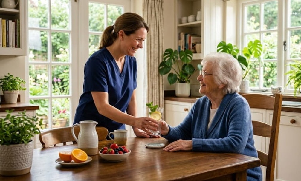 Caregiver offering water to an older adult with home care in Apex.
