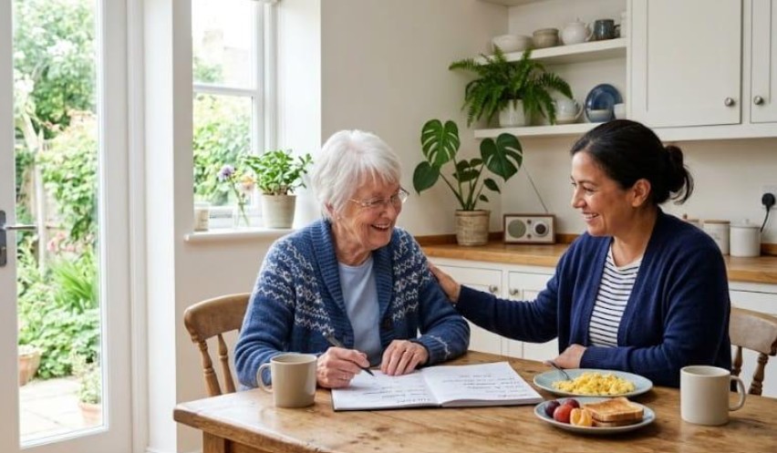 Caregiver and older adult planning a morning routine with home care in Raleigh, NC.