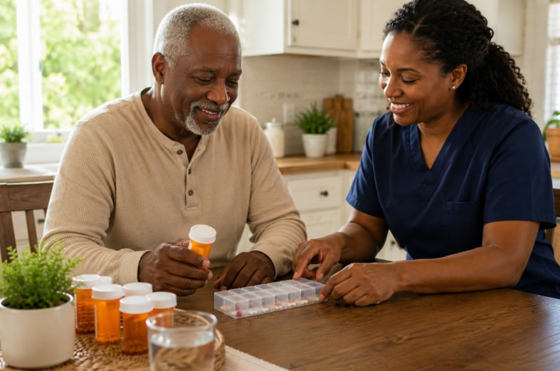 An older man and a woman in scrubs sit at a table, smiling while organizing medication bottles and a pill organizer in a bright kitchen.