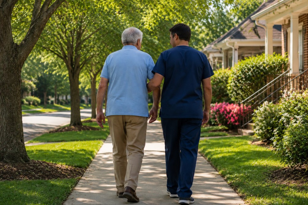 An elderly man and a caregiver walk side by side on a sunny, tree-lined sidewalk in a suburban neighborhood, with houses and green lawns visible.
