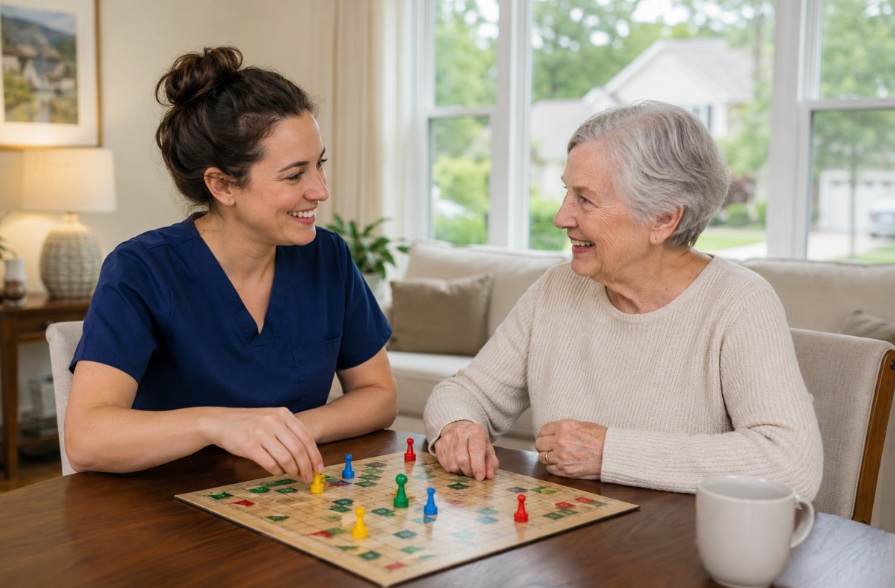A younger woman in scrubs and an older woman play a board game together at a table, smiling and enjoying each others company in a bright, cozy living room.