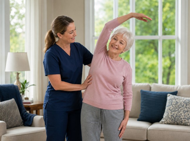 Female caregiver supporting gentle movement with home care in Cary.
