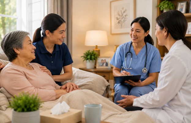 A senior woman sits on a couch with a caregiver while two healthcare professionals, one in scrubs and one in a white coat, talk to her and take notes in a cozy, well-lit living room.