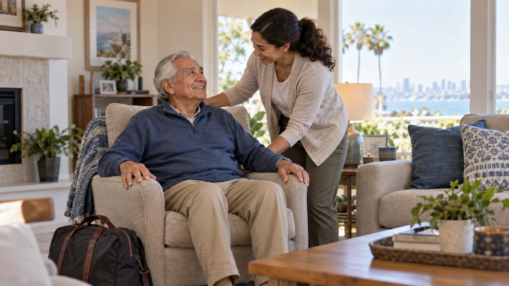 An older man sits smiling in an armchair while a younger woman stands beside him, both in a bright, cozy living room with large windows and a city view in the background.