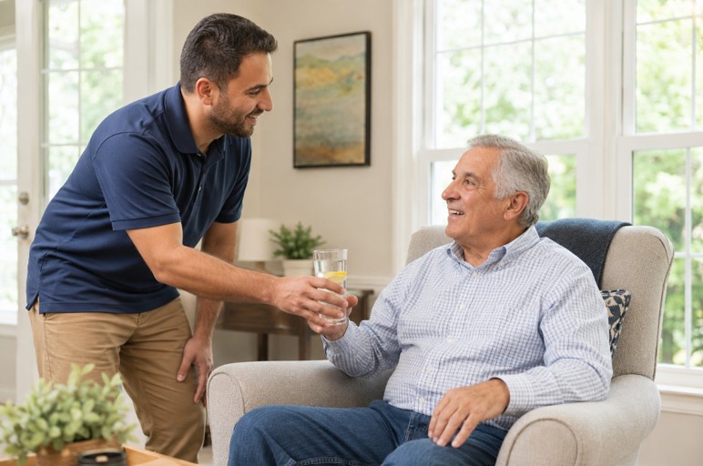 Caregiver offering lemon water to an older adult with home care in Apex.