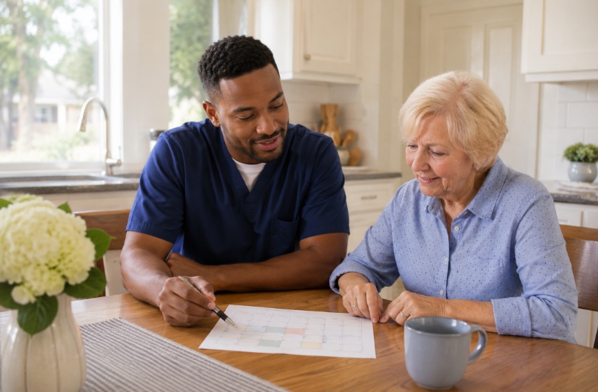 A caregiver and an elderly woman sit at a kitchen table, looking at a calendar and discussing plans. A mug and a vase of flowers are on the table.