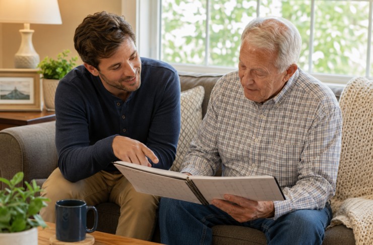 Male caregiver and older adult reviewing a daily routine planner at home in Raleigh.