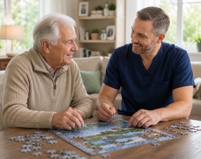 An elderly man and a younger man work on a jigsaw puzzle together at a table, smiling and enjoying each others company in a cozy living room.