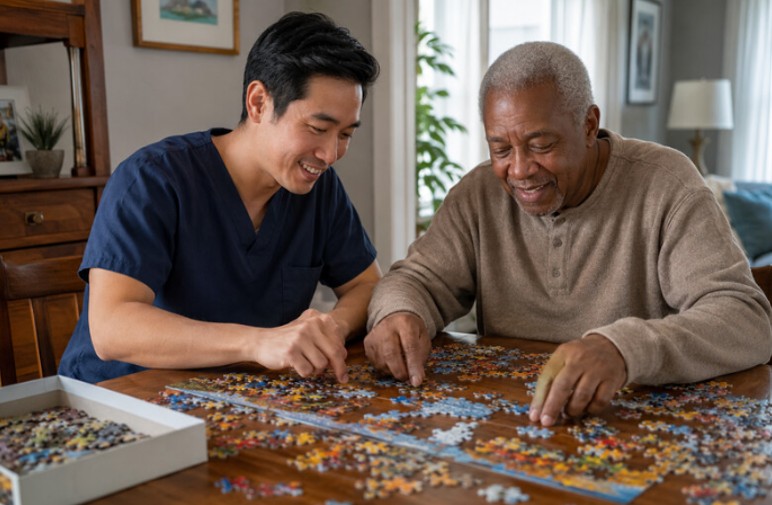 Male caregiver and older adult completing a jigsaw puzzle at home in Cary.