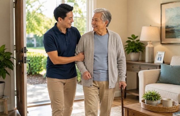 Caregiver assisting a senior after a hospital stay with home care services in Corte Madera, CA.
