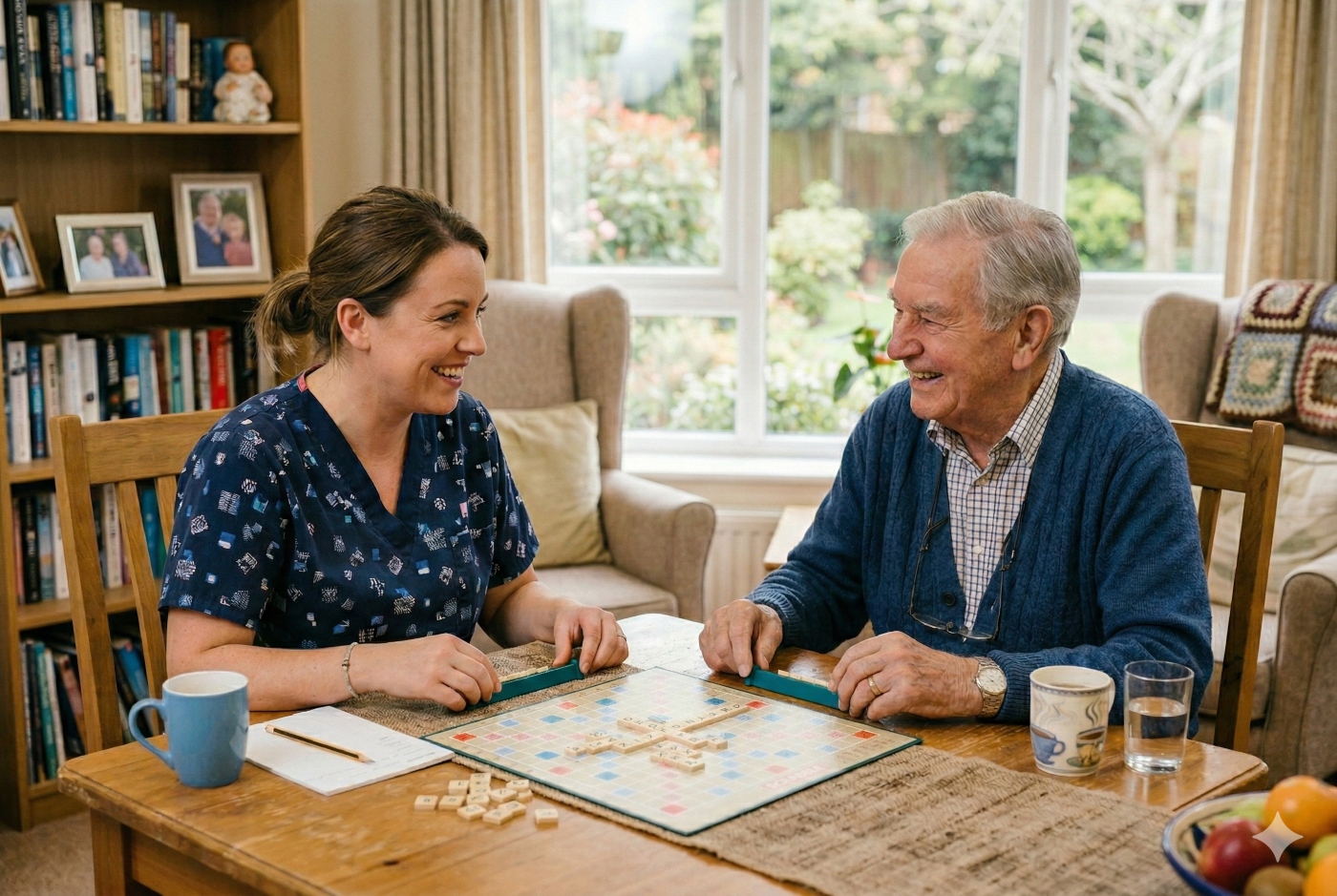 A smiling nurse and an elderly man sit at a wooden table playing Scrabble in a cozy living room, with mugs, water glasses, and a bowl of fruit nearby. Sunlight streams in through large windows behind them.