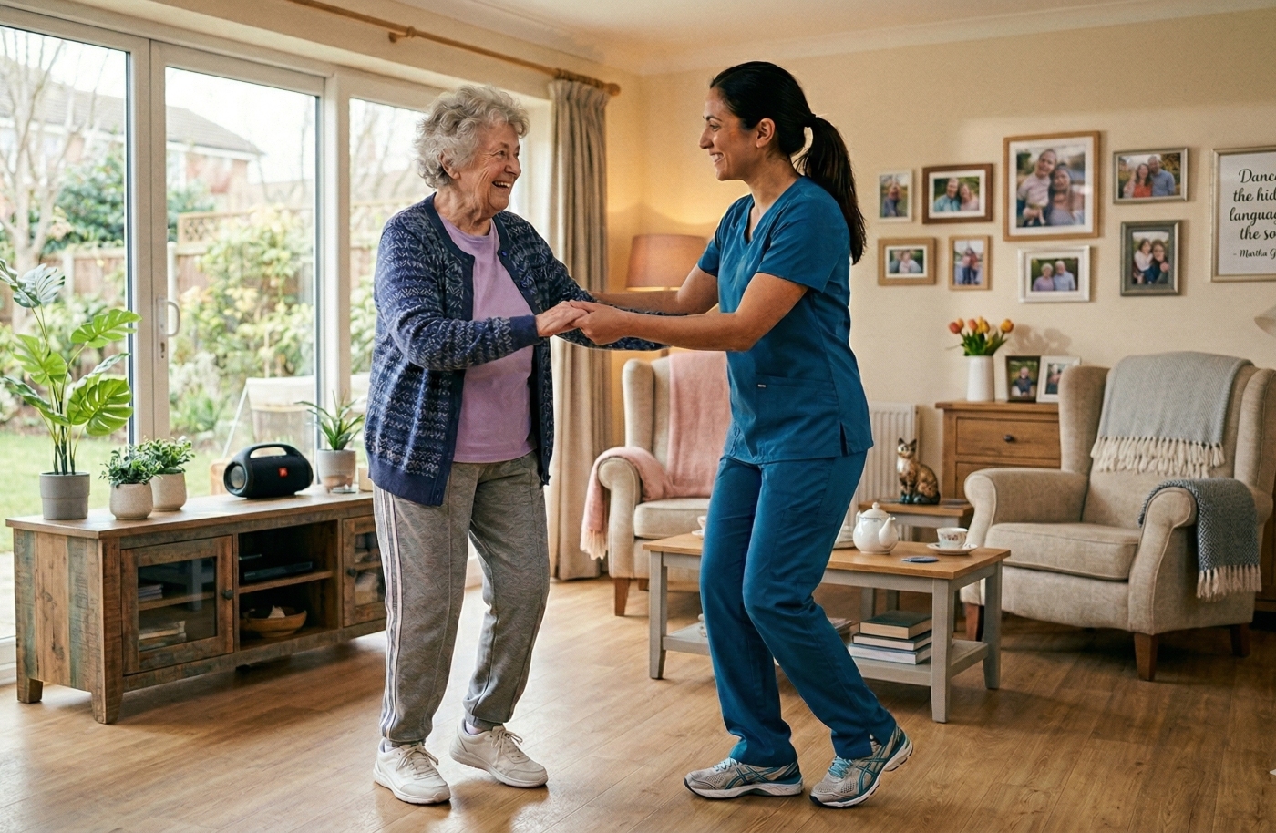 A smiling elderly woman dances with a caregiver in blue scrubs in a cozy living room, decorated with family photos and plants, while daylight streams through large windows.