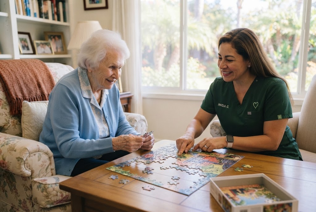 An elderly woman and a caregiver in a green uniform sit at a wooden table together, working on a jigsaw puzzle.