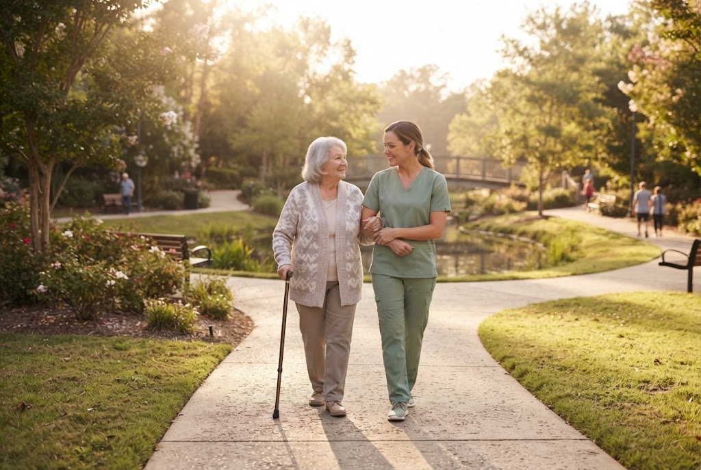A caregiver supports an elderly woman using a cane as they walk together along a park path.