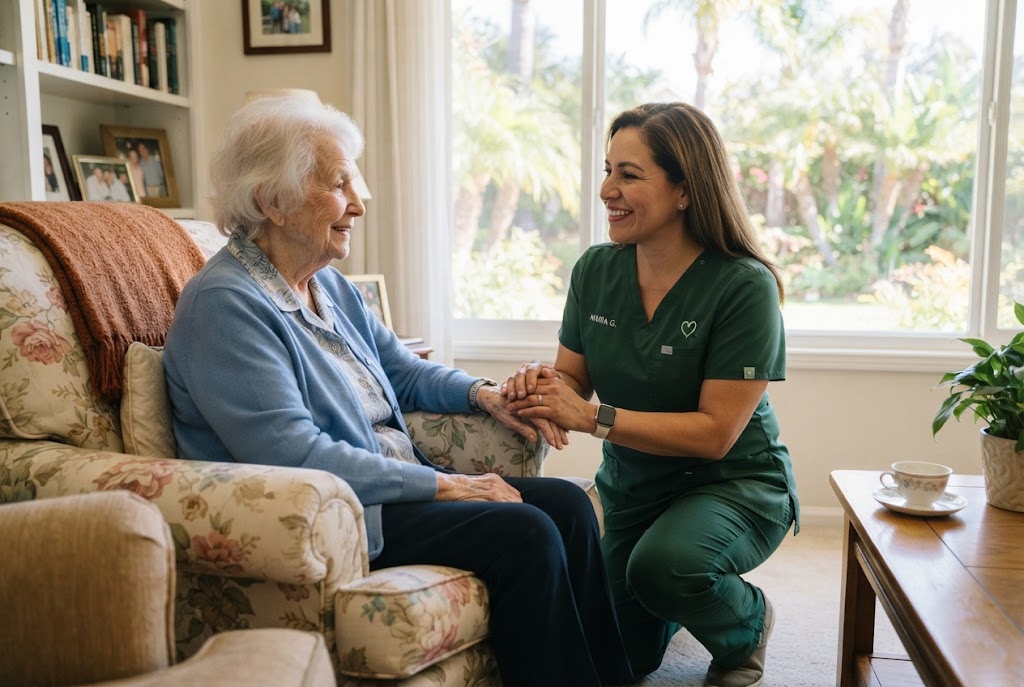 A female caregiver in green scrubs kneels beside an elderly woman sitting in an armchair, holding her hand and smiling.