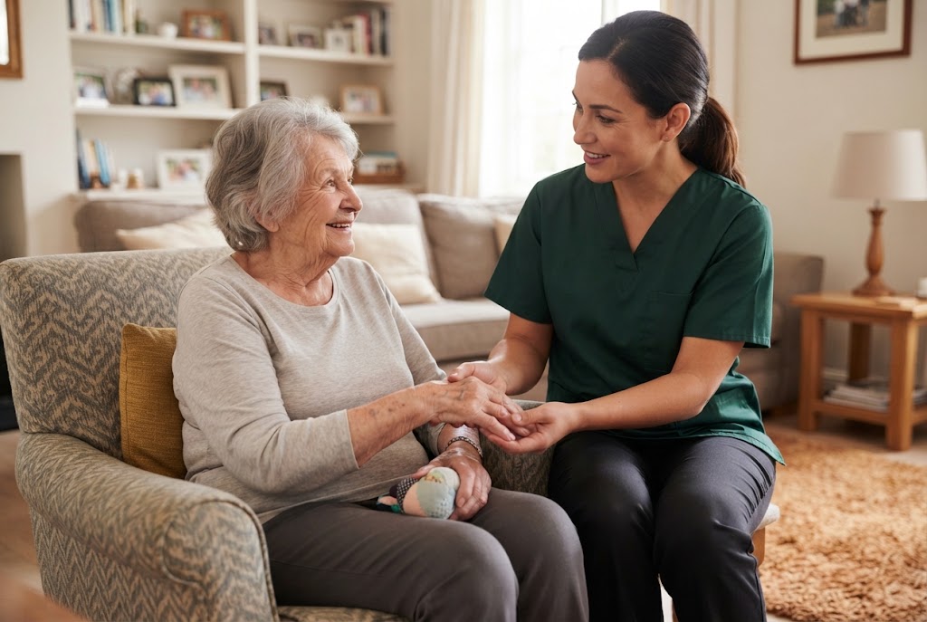 A caregiver holding the hand of an elderly woman who is sitting in an armchair.