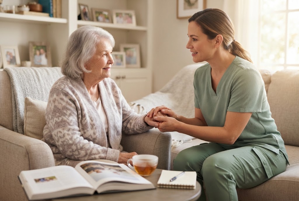 A caregiver holds the hands of an elderly woman sitting in an armchair while they talk in a living room.