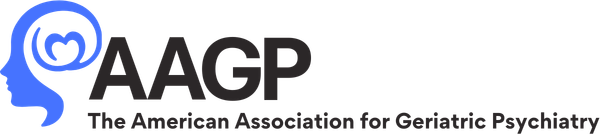 Logo for the American Association for Geriatric Psychiatry, featuring a stylized blue human profile icon next to the letters AAGP and the full organization name.