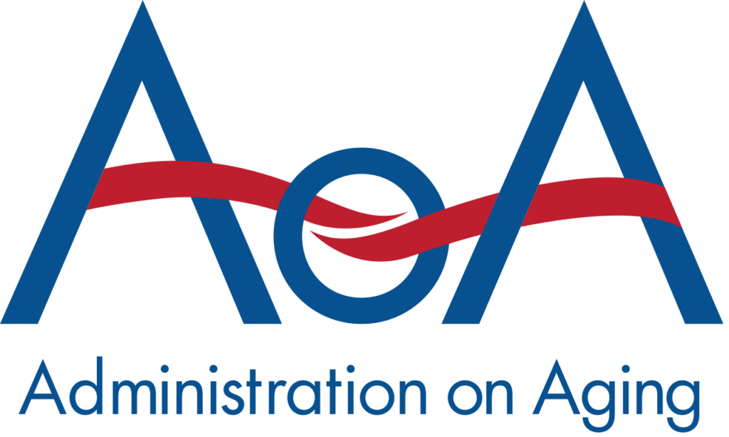 Logo for the Administration on Aging, featuring the letters AoA with a red swoosh crossing through the center.