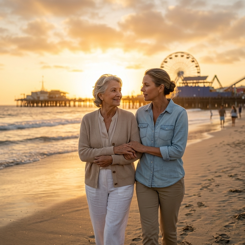 Two women walking arm-in-arm along the beach at sunset, with a pier and ferris wheel in the background.