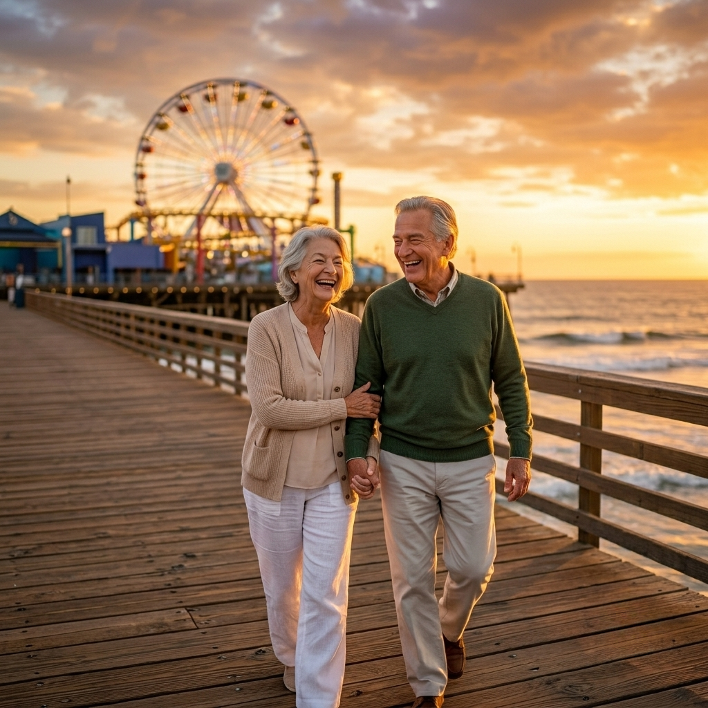 An elderly couple laughing while walking hand-in-hand along a wooden pier at sunset, with a Ferris wheel in the background.