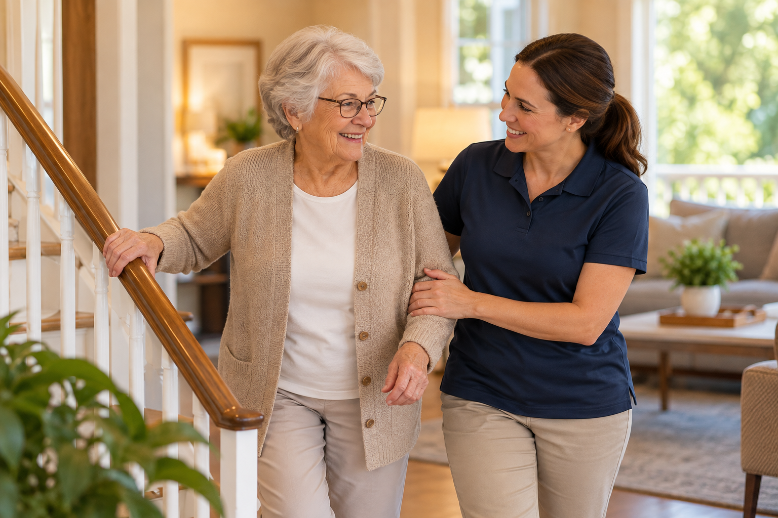 A caregiver in a navy polo shirt assists an elderly woman walking up a staircase.
