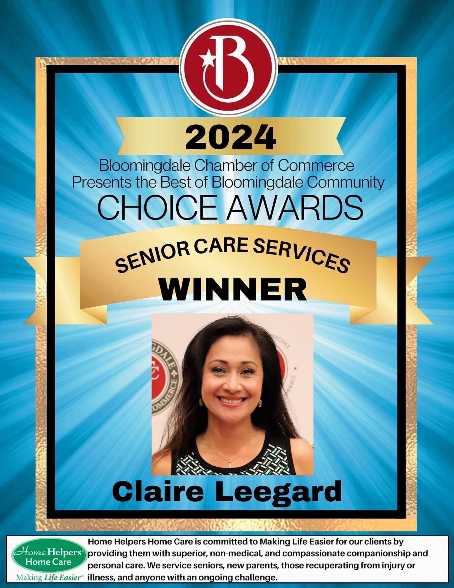 2024 Bloomingdale Chamber of Commerce Choice Awards winner for senior care services, featuring a photo of Claire Leegard and a summary of Home Helpers Home Care services.
