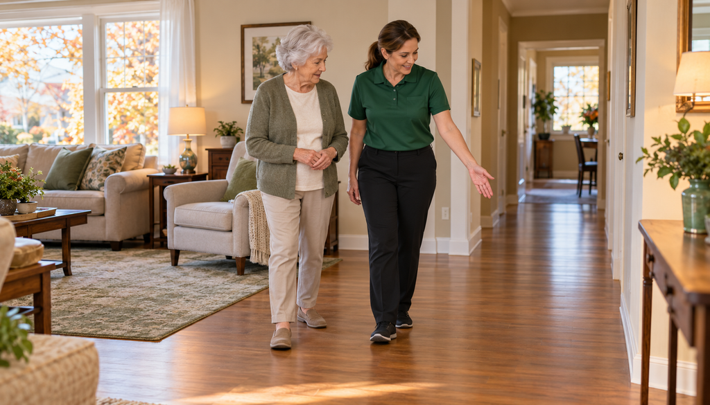 A caregiver in a green polo shirt walks with an elderly woman through a bright living room.