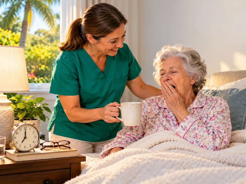 A caregiver in a green scrub top offers a mug of coffee to an elderly woman who is yawning in bed.