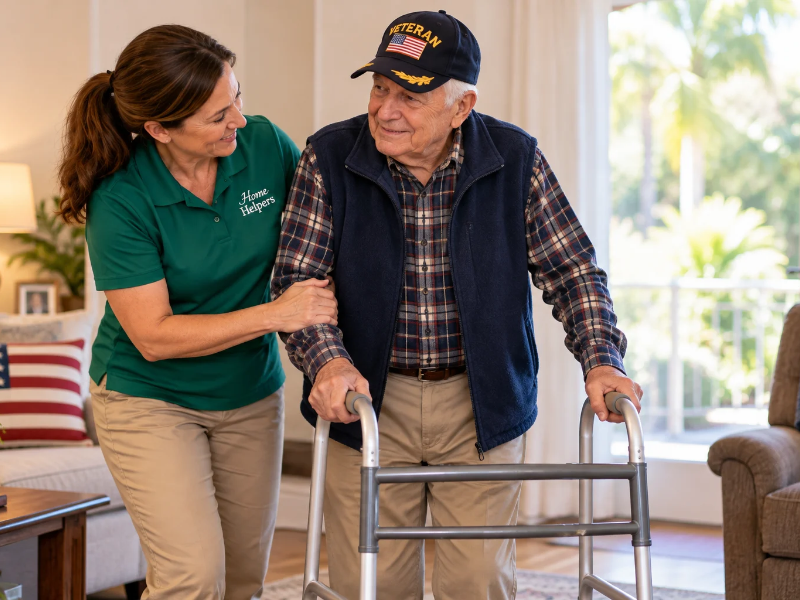 A caregiver in a green uniform supports an elderly veteran wearing a cap as he stands with a walker.
