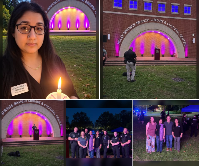 A collage showing people gathered at an evening event in front of the Holly Springs Branch Library and Cultural Center, which is illuminated by purple arch lights.