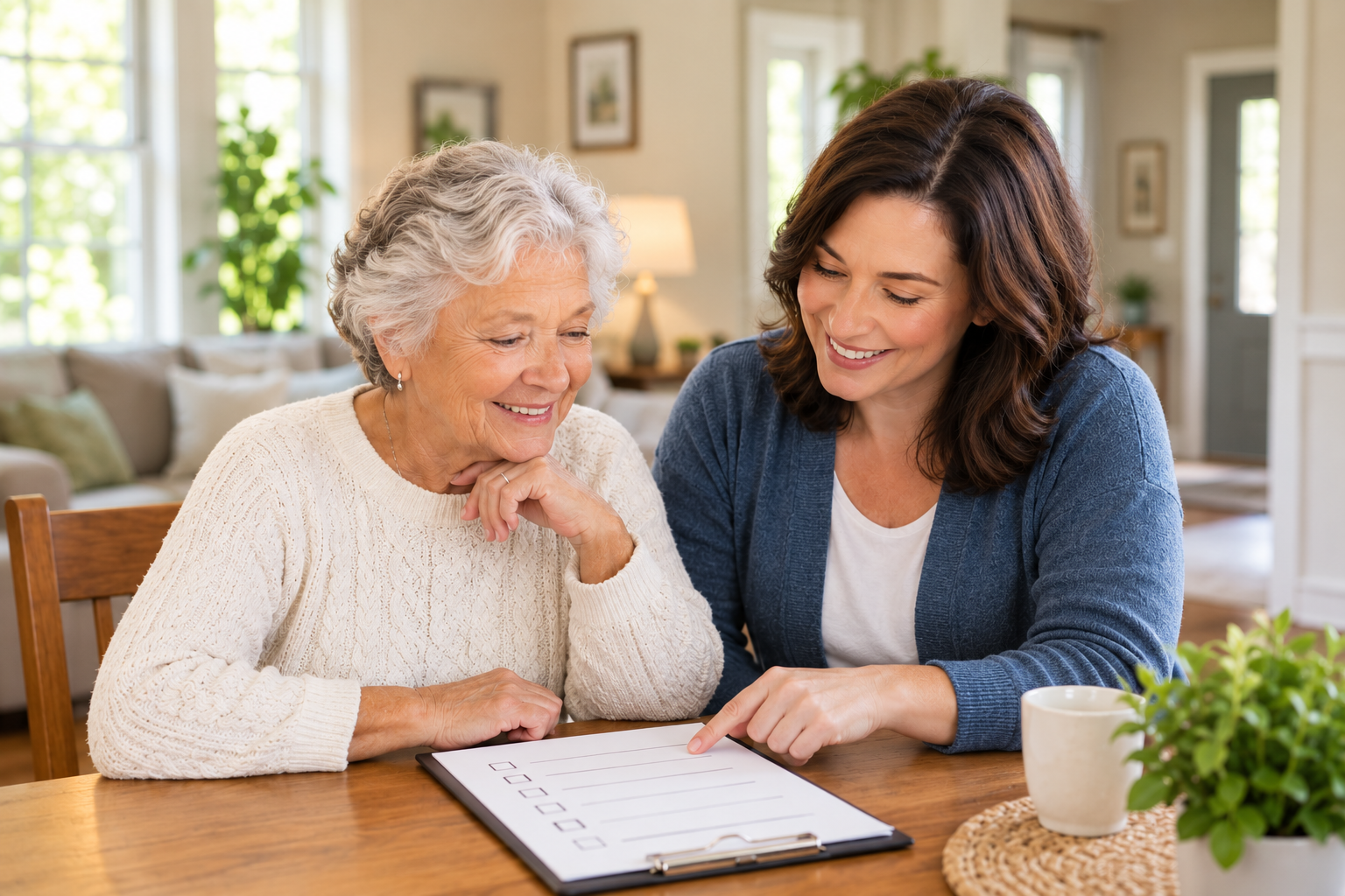 A smiling younger woman points to a blank checklist on a clipboard while sitting at a table with an older woman.