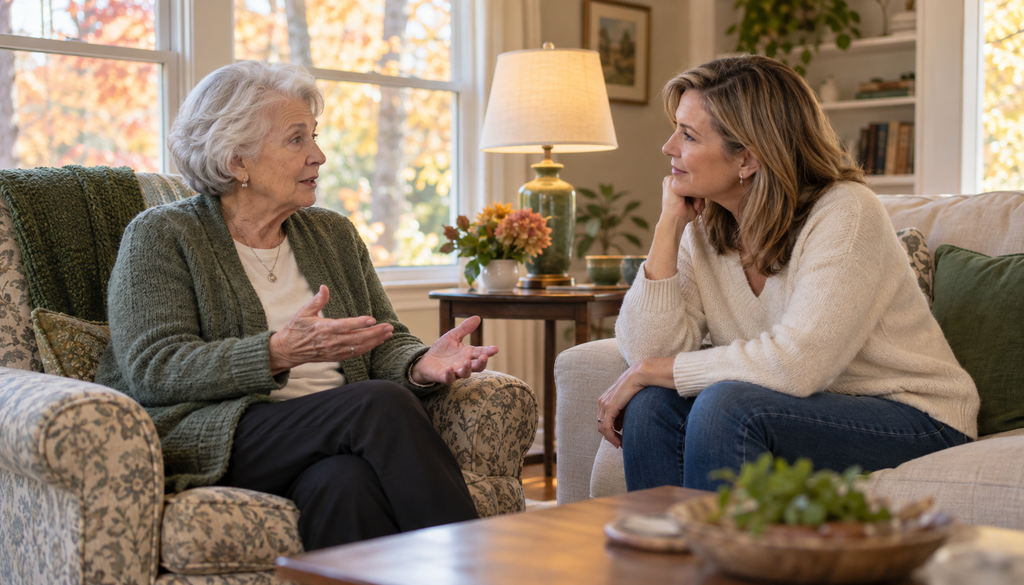 An older woman and a younger woman sit in a living room, talking to each other.