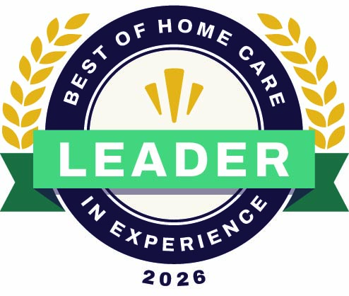 Best of Home Care Leader in Experience 2026 award badge with gold laurel branches.