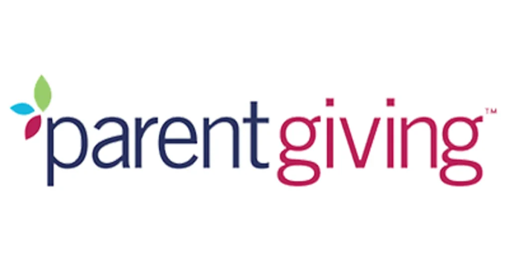 Parentgiving logo featuring the text parentgiving in lowercase letters, with a small flower icon made of three colored petals positioned above the letter p.