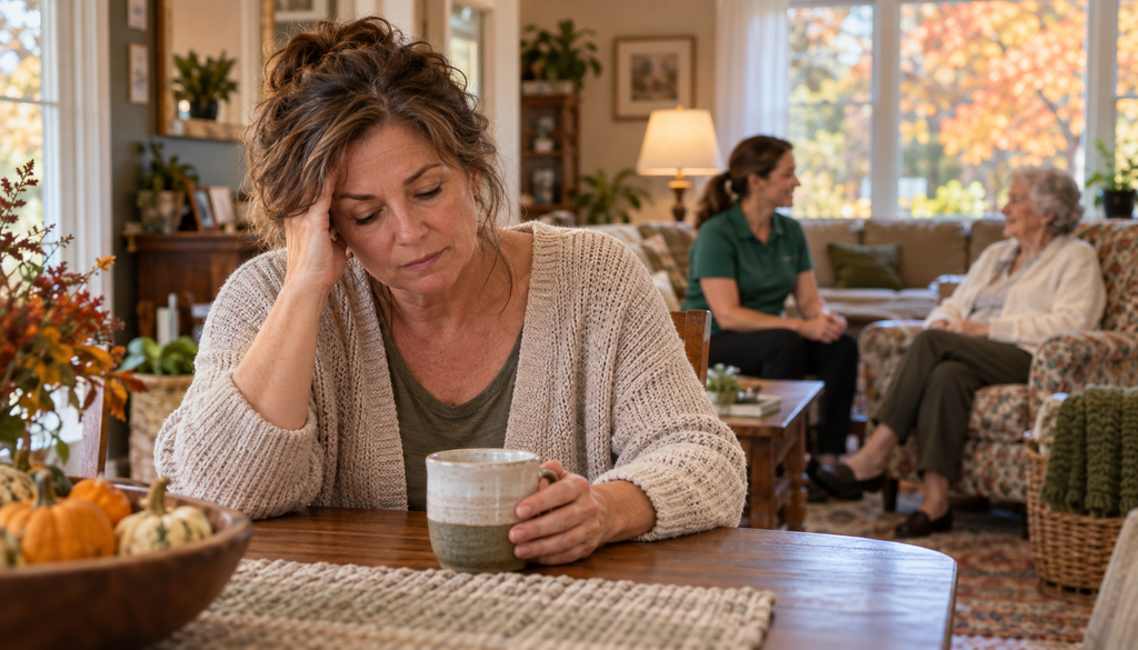 A woman sits at a table holding a mug with a troubled expression, while two other women talk in the blurred background.