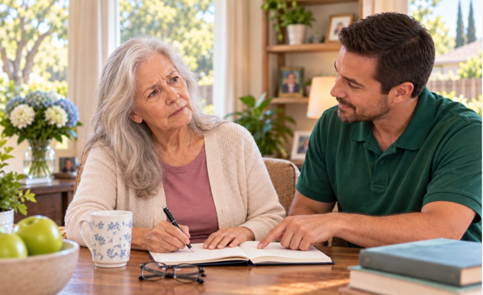A young man points to a page in an open book while an older woman writes in it.